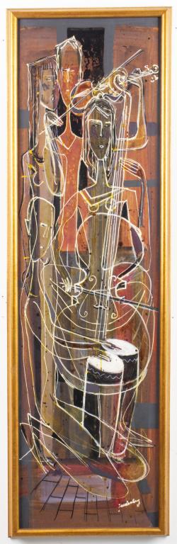 Illegibly Signed "Musicians" Oil on Masonite (1 of 5)