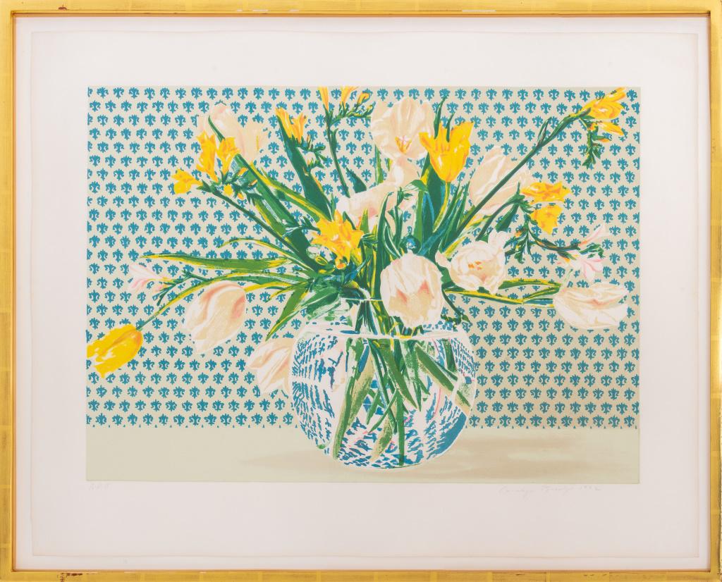 Carolyn Brady "White Tulips & Freesias" Lithograph: Carolyn Brady (American, 1937-2005), "White Tulips and Freesias," lithograph, depicting a floral arrangement, edition: A. P. #2, 1982, signed in pencil lower right, label from the Nancy Hoffman Galler