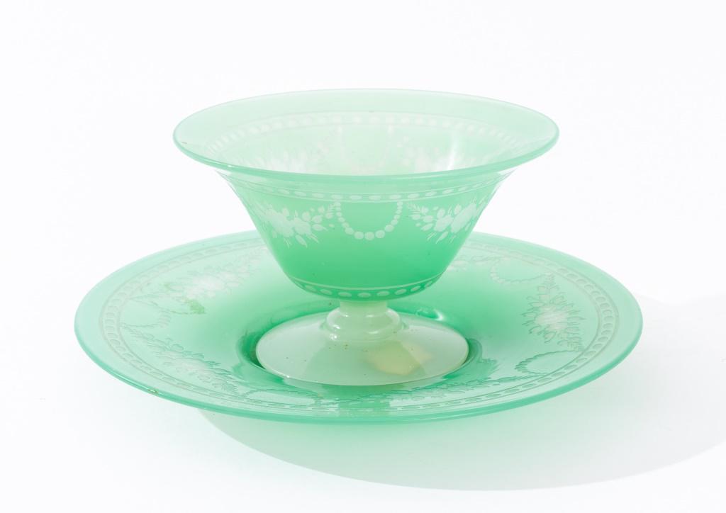 Carder Steuben Green Jade Sherbet & Underplate: Carder Steuben green jade sherbet and underplate shape no. 6394, engraved in the "York" pattern. 3" H x 5" diameter (the sherbet)