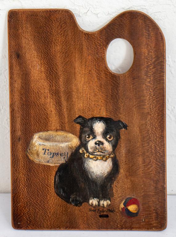 Stuart Taylor Rabb "Topsey" Oil on Palette: Stuart Taylor Rabb (American, XX-XXI) "Topsey" New York studio oil on palette depicting a seated Boston Terrier dog with ball, signed to lower right, unframed. 14" H x 10" W.