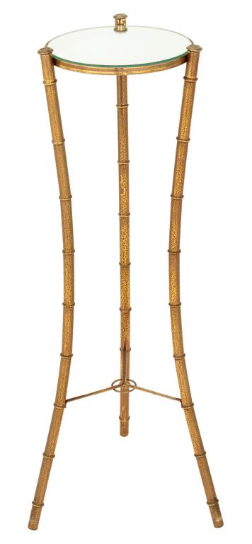 Chinoiserie Giltmetal Bamboo Gueridon: Chinoiserie giltmetal bamboo gueridon, three legs of bamboo form with mirrored top. 36" H x 10.5 diameter