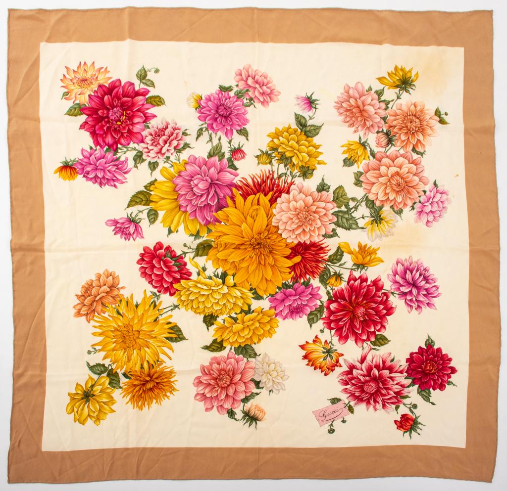 Gucci Floral Dahlia Silk Scarf: Gucci silk scarf decorated with dahlia flowers, label missing. Minor stains. 32.5" H x 33" W.