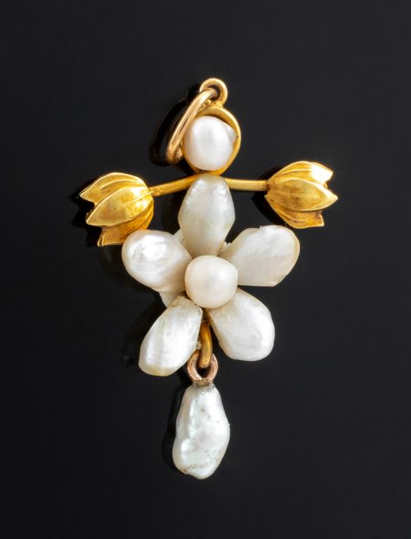 14K Yellow Gold Cultured Pearl Pendant: 14K yellow gold, polished and designed as a floriform charm / pendant, decorated with cultured round and baroque pearls, worn with a single closed bail, marked: "14K". Measuring approx. 1 1/4" x 5/8",