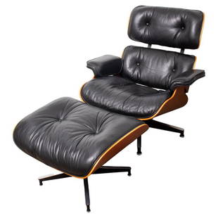 Eames Herman Miller Lounge Chair & Ottoman: Charles and Ray Eames (American, 1907-1978; 1912-1988) for Herman Miller Mid-Century Modern lounge chair and ottoman, model numbers 670 and 671, wood frame with tufted black leather upholstery, swivel