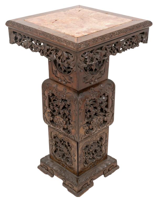Chinese Marble-Mounted Carved Hardwood Pedestal (1 of 11)