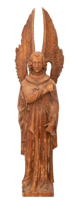 Antique Carved Wood Angel Sculpture, 19th C.: Antique Gothic Revival hand-carved wood sculpture depicting a standing angel, likely circa second half of the nineteenth century. 52" H x 12" W x 9" D.