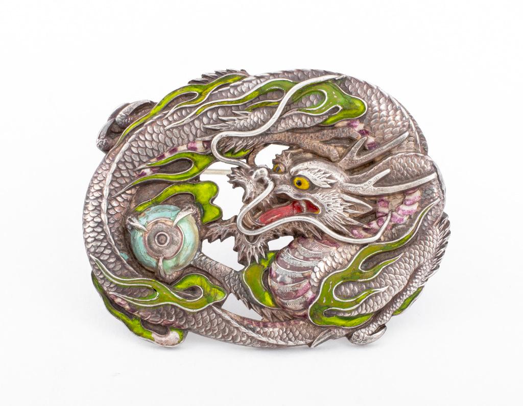 Japanese Silver Dragon Flaming Pearl Brooch: Japanese silver brooch / pin, brightly polished and decorated with applied enamel, designed as a dragon clutching a flaming pearl, worn through fabric with pinstem, joint and catch, marked: "Japanese 