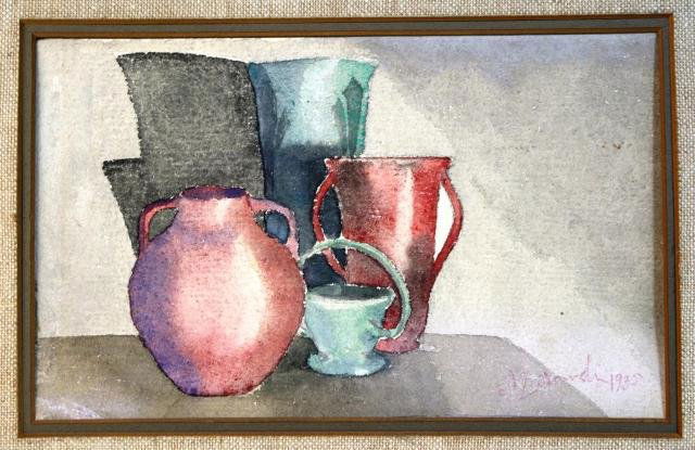 Still Life with Vessels attr. Giorgio Morandi 1935: Still life with vessels atrributed to Giorgio Morandi (Italian, 1890-1964), watercolor, 1935; signed by artist. Dimensions: 12-1/2"H x 15-1/2"W; 5-1/2"H x 8-3/4"W