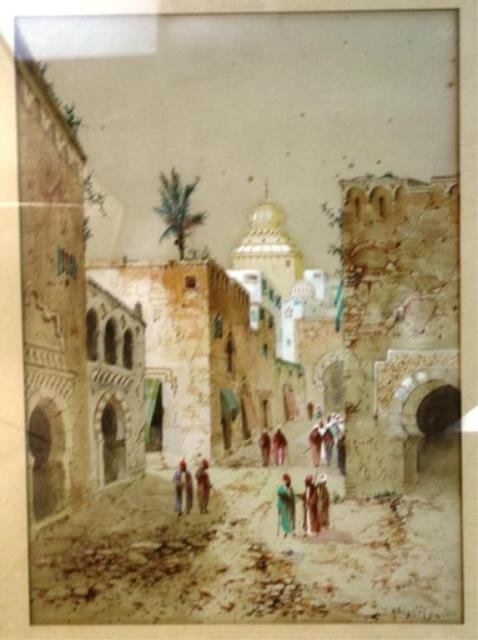 Henri Lynton W/C of Middle Eastern Street Scene: Henri Lynton (English, fl. 1904-1905) watercolor painting of a Middle Eastern street scene, twentieth century; signed by artist. Dimensions: 18-1/2"H x 15"W; 13-1/2"H x 9-1/2"W (image)