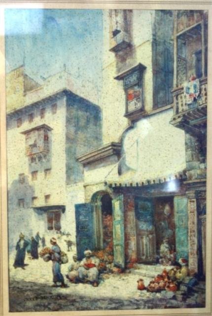 Rhys Jenkins W/C of Middle Eastern Market: Rhys Jenkins (Welsh, early twentieth century) watercolor of a Middle Eastern market, early twentieth century; signed by artist. Dimensions: 19"H x 15"W x 12"H x 8"W