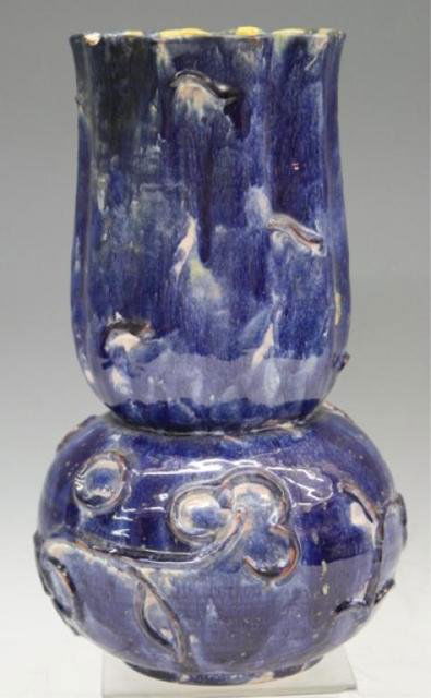 Gmundner Keramik Pottery Blue Glazed Vase Austrian: Gmundner Keramik blue glazed vase with abstract flower designs, pottery, Austria; marked on bottom. Dimensions: 10"H x 6" diameter