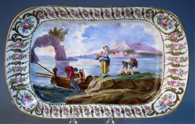 Meissen Porcelain Dressing Table Tray w/ Figures: Meissen porcelain dressing table tray with hand painted figural scene by the water and decorative floral border, Germany; marked on back. Dimensions: 11"L x 6-3/4"W x 1-1/2"H