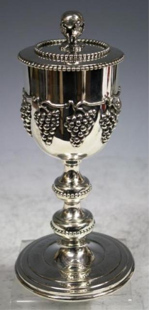 Handmade Sterling Silver Chalice with Grapes: Handmade sterling silver covered wine chalice with grapes and Hebrew script, United States; marked on bottom and under lid. Dimensions: 9-1/2"H x 4-1/4" diameter weight: 18.4 oz