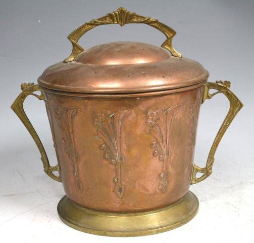 Art Nouveau Copper & Brass Ice Bucket: Art Nouveau copper and metal ice bucket, twentieth century; unmarked. Dimensions: 12"H x 14"W x 9-1/2" diameter
