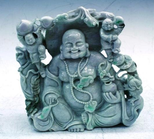 Large Jade Carving of Seated Buddha: Large jade carving of a seated Buddha surrounded by frogs, mushrooms, bats, and other figures; unmarked. Dimensions: 9"H x 9"W x 3"D