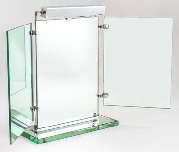 Jacques Adnet Attr. Miroir Brot Art Deco Mirror: Jacques Adnet (French, 1900-1984) for Miroir Brot Art Deco Modernist vanity mirror, chrome plated steel and mirror, electrified, circa 1930. 18.75" H x 33.5" W x 6" D.