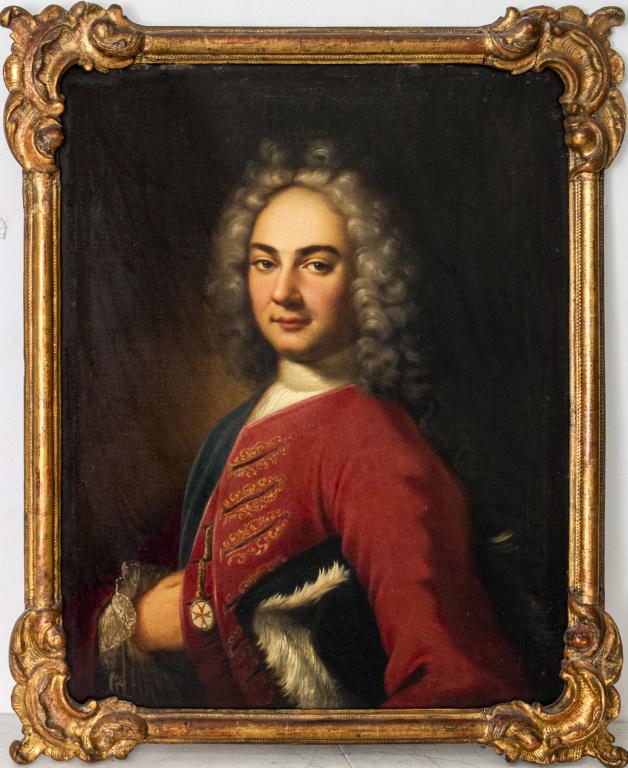 European Portrait Of a Gentleman Oil on Canvas: European School oil painting on canvas portrait of a gentleman, possibly a nobleman, with wig and red coat, holding his tricorn hat and displaying a fob with Maltese cross, in carved giltwood frame. I