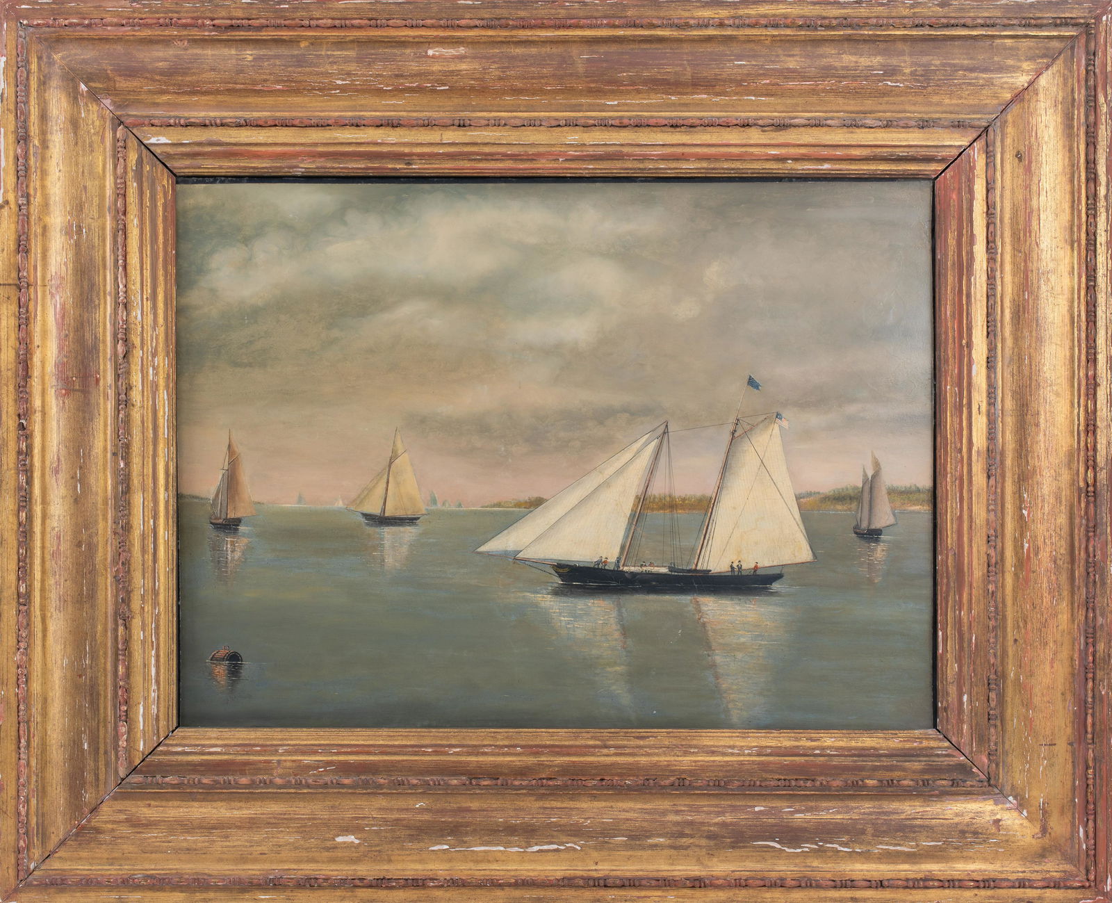 Antonio Jacobsen Attr. "NY Yacht Club" Oil Canvas: Antonio Jacobsen (Danish/American, 1850-1921) attributed "New York Yacht Club Regatta" oil on canvas maritime painting depicting ships sailing on the Long Island Sound, inscribed to verso, housed in a