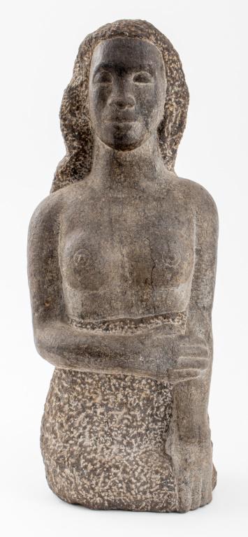 Modernist Carved Granite Nude Woman Sculpture: Modernist carved granite stone sculpture depicting a semi nude woman, apparently unsigned, in the Nabis manner. 18.5" H x 7" W x 6" D.