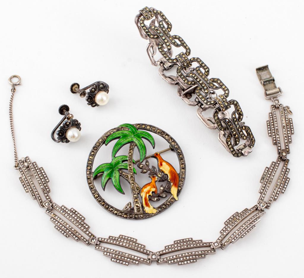 Art Deco Period Sterling Marcasite Jewelry, 4 Pcs (1 of 10)