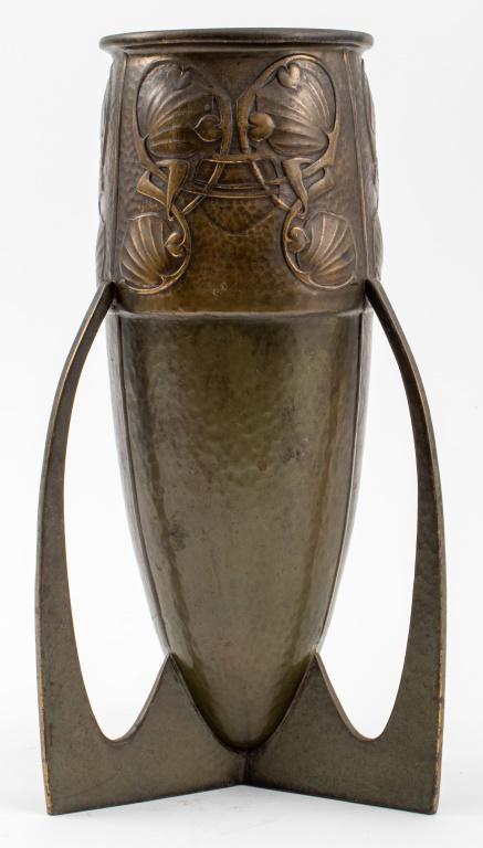 Archibald Knox for Liberty & Co. Bronze Vase: Archibald Knox (British, 1864-1933) for Liberty and Co. patinated bronze vase of bomb form with hammered surface and stylized honesty leaf design above three stylized handles, circa 1902, apparently u