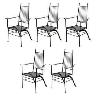 Woodard for Salterini Mid-Century Patio Chairs, 5: Russell Woodard for John Salterini Mid-Century Modern set of five iron patio chairs, maker's mark on back of seat. 41.5" H x 22" D x 25.5" W; seat: 17" H. Note: This item is only available for preview