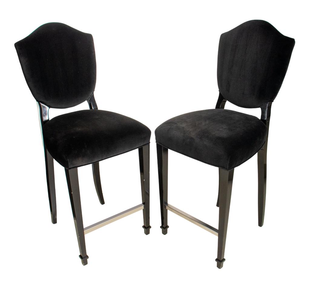 Phyllis Morris Originals Hollywood Regency Stools2: Pair of Hollywood Regency style bar stools, designed by Phyllis Morris Originals, with black velvet upholstery decorated with a rhinestone fleurs-de-lis on the backrest, with black lacquered wooden fr