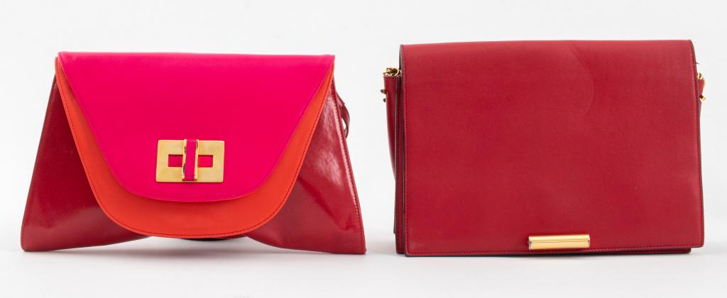 Stuart Weitzman Red Leather Bags, 2: Two Stuart Weitzman red leather purses with gold-tone metal hardware, one with hot pink and orange leather front flap and marked "STUART WEITZMAN" to plaque inside, the other marked "MADE IN SPAIN" in