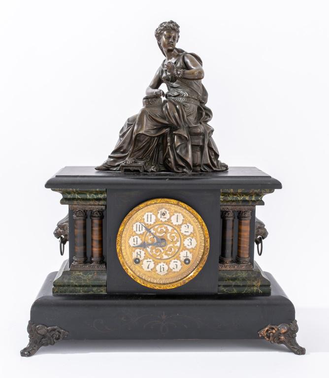 Sessions Faux Marble Figural Parlour Clock: Sessions faux marble and figural parlour clock with patinated spelter allegory of "Fortuna" atop a Renaissance Revival case in wood, ebonized and painted in the manner of Noir de Belgique and Verde An
