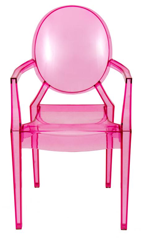 Philippe Starck Manner Ghost Chair, Pink: Pink acrylic armchair after the Philippe Starck (French, b. 1949) "Louis Ghost Chair" (designed 2002) with oval back, downswept arms on scroll supports, shaped seat and tapering square legs, 36" H x 2