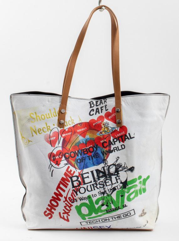 Vivienne Westwood "Being Yourself" Leather Tote: Vivienne Westwood white leather tote purse bag with two tan leather top handles and printed with images and text reading "BEING / YOURSELF / 24 Ways to See the Light" and more, marked "Vivienne / West