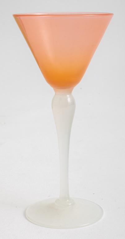 Steuben Attr. Peach & Calcite Glass Cordial: Steuben attributed cordial glass, the opaque peach glass cup above a tapered calcite glass stem, apparently unmarked. 6.5" H x 3" diameter. Provenance: Property from a private estate in Boynton Beach,
