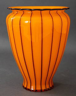 Orange and Black "Tango" Glass Vase: In the manner of Michael Powolny (Austrian, 1871-1959) for Loetz, a "Tango" piped art glass vase, possibly Loetz, the pontil cut and polished, apparently unmarked, with scalloped edge, short neck, and