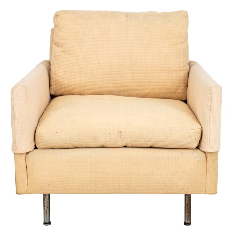 Knoll Manner Upholstered Chair: Upholstered chair in the manner of Florence Knoll, rectangular with square seat above tubular steel legs. 28" H x 31" W x 36" D; seat: 18" H.