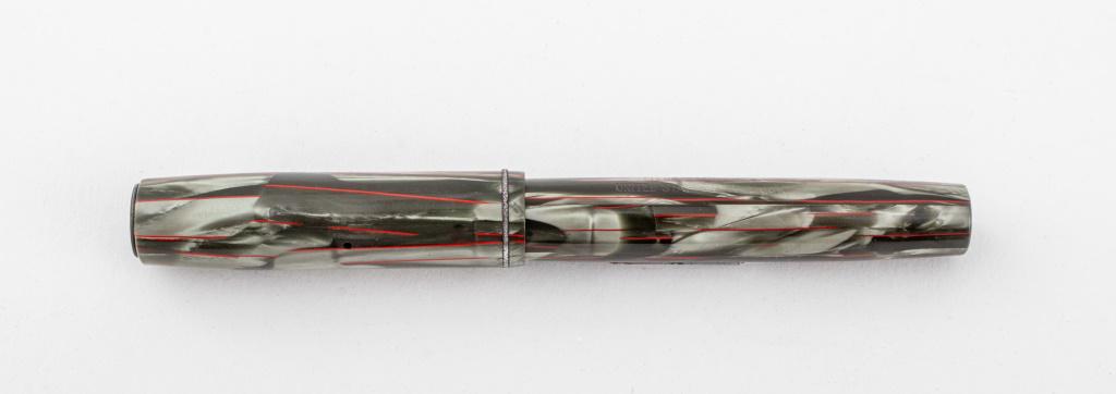 Waterman Ideal 14K Yellow Gold Nib Fountain Pen: Vintage Waterman's fountain pen with gray celluloid and red pinstripe body and 14K yellow gold nib, marked "Waterman's / REG. U.S. PAT. OFF. / IDEAL / MADE IN THE UNITED STATES OF AMERICA" to body and