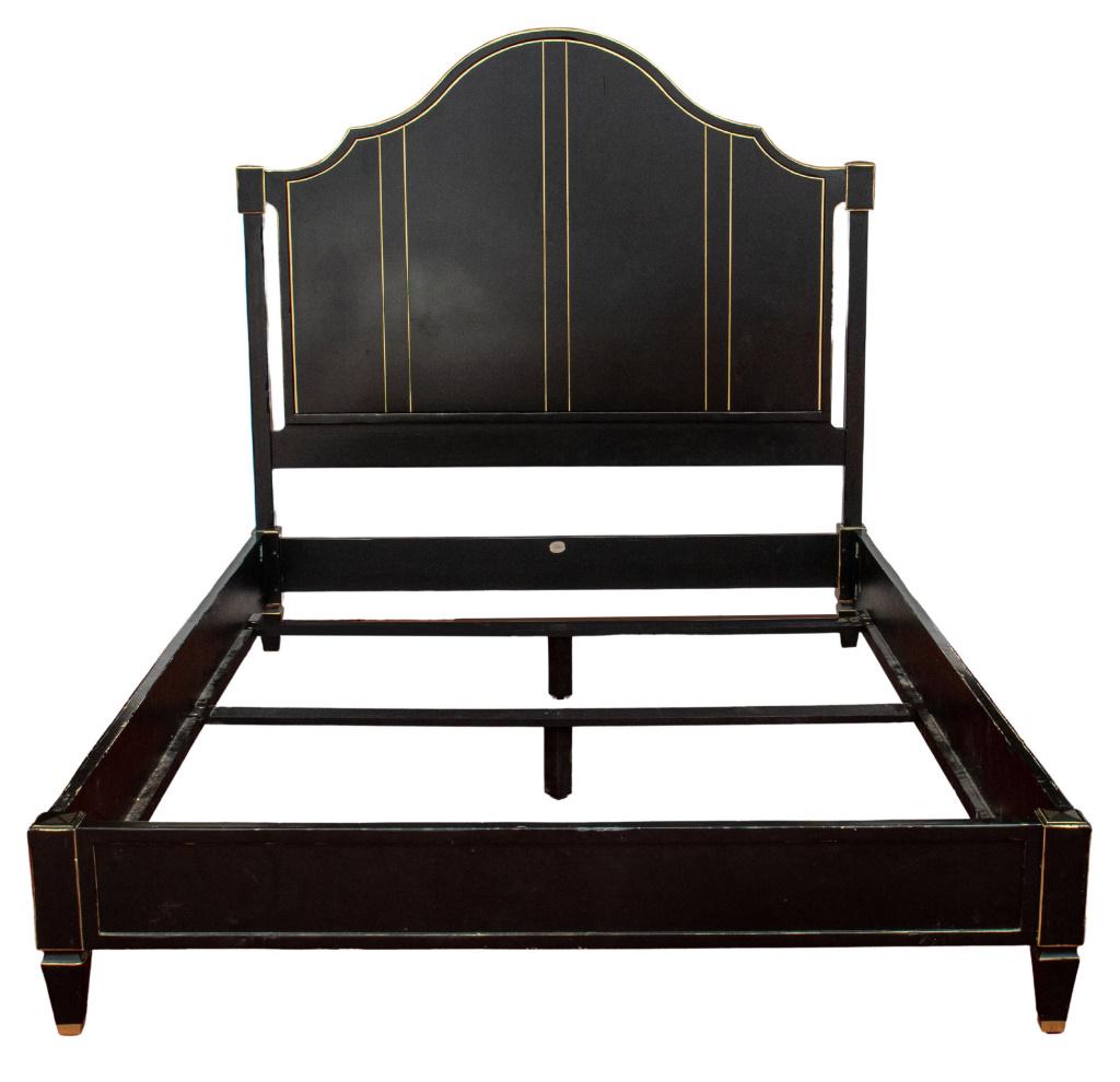Napoleon III Style Ebonized Wood Queen Bed Case: Napoleon III style parcel gilt ebonized wood queen size bed frame with carved headboard. 65.75" H x 64.25" W x 88" D.
