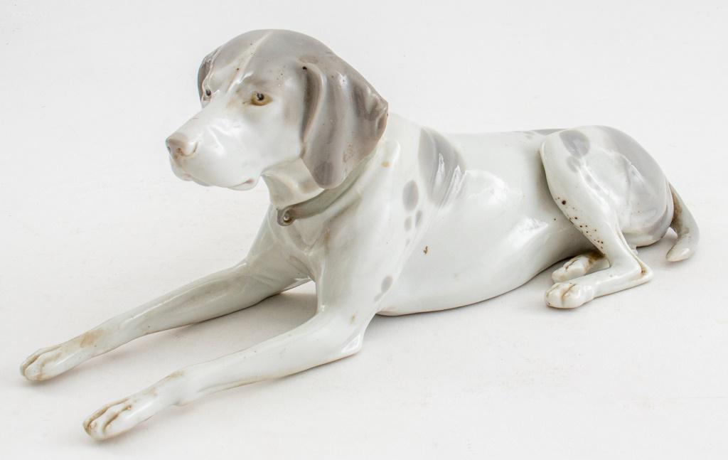 Fritz Pfeffer German Porcelain Dalmatian Sculpture: Fritz Pfeffer (German, 1857-1922) porcelain Dalmatian dog at rest figure, the underside with "3777 / FP" marks. 4.25" H x 10" L x 3" D.