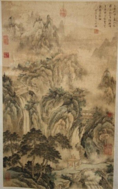 Chinese Scroll Painting attr. Wang See-Min: Mounted hanging scroll painting of landscape, attributed to Wang See-Min, China; marked. Dimensions: 66"H x 25"W; 34"H x 20"W (image).