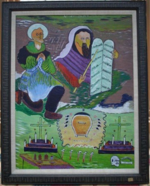 Haitian, Lafortune Felix Ptg. Of Moses: Lafortune Felix (Haitian, 1933- ) painting of Moses holding the Ten Commandments with a holy figure to his right, oil on board, Haiti, 1980s; unsigned. Dimensions: 28"H x 22"W; 23-1/2"H x 17-3/4"W (im