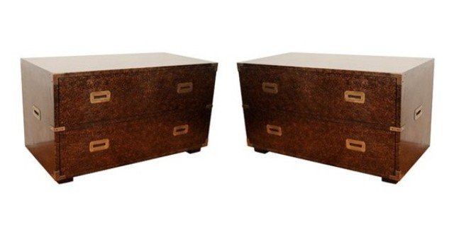 Pair of Faux Tortoise Finished Henredon Dressers: Pair of 1950s two drawer vintage dressers in faux tortoise finish with recessed brass pulls and fittings. Signed. Dimensions: 39"W X 19"D X 22"H