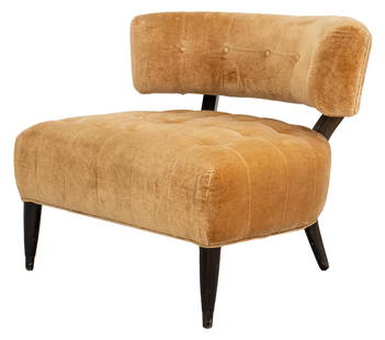 William 'Billy' Haines Upholstered Slipper Chair: William 'Billy' Haines (American, 1900-1973) upholstered slipper chair (designed 1940s) with curved upholstered backrest on two supports above shaped seat on splay legs. 28" H x 33" W x 30" D; seat: 1