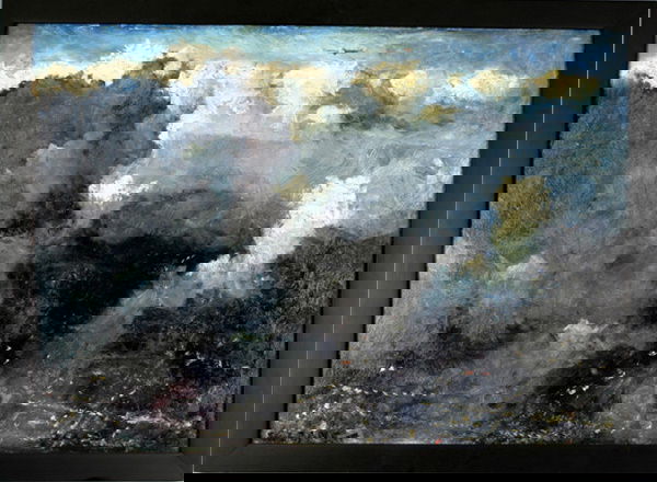 OIL PAINTING SKYSCAPE , E. SLOANE: OIL ON BOARD CLOUD PAINTING W/AIRPLANE, SIGNED ERIC SLOANE