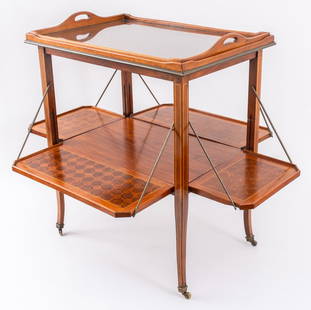 Edwardian Mahogany Parquetry Butler's or Tea Cart: Edwardian mahogany and satinwood parquetry mechanical butler's, drinks, or tea bar cart, early 20th century, rectangular, the geometric trellised parquetry beneath a glass bottomed fitted two-handled