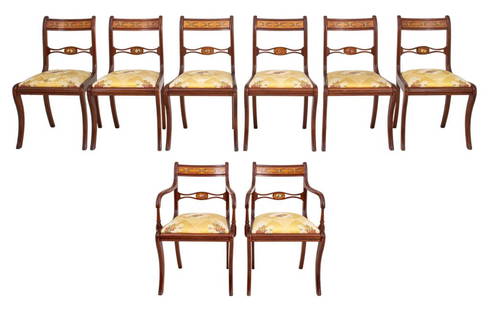 Sheraton Manner Painted Satinwood Dining Chairs, 8: Set of painted satinwood dining chairs in the manner of Thomas Sheraton (English, 1751-1806), each with two arms and six sides, curved crestrail painted with flowers above downswept arms, and drop in