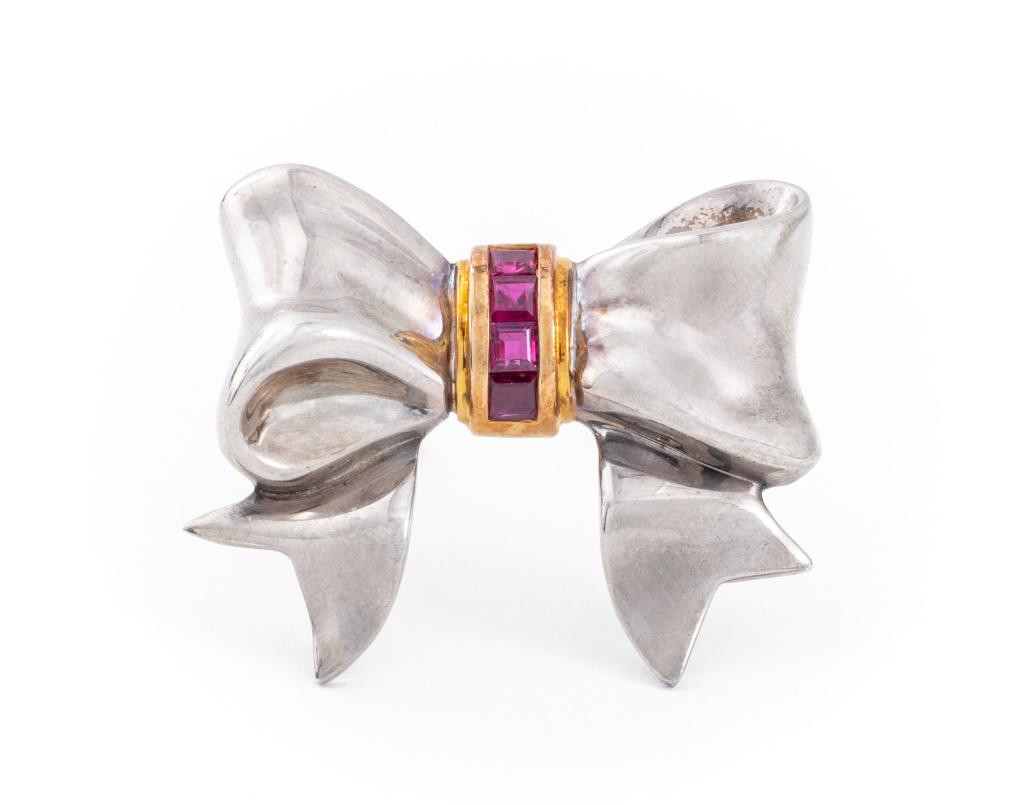 Tiffany & Co. 18K & Sterling Silver Ruby Bow Pin (1 of 5)