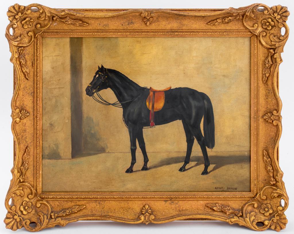 Henri Braun Equestrian Oil Painting on Panel: Henri Braun (French, XIX-XX) oil painting on panel depicting a standing black horse, signed and inscribed "Paris" lower right, housed in a gilt wood frame carved with a floral motif. Image: 11.5" H x 