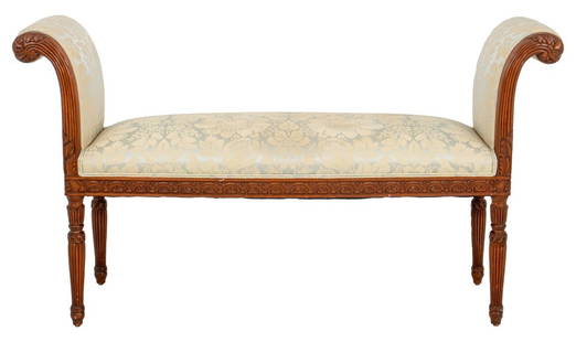 Sheraton Style Upholstered Mahogany Hall Bench: Sheraton style upholstered mahogany hall bench, in the manner of Thomas Sheraton (English, 1751-1806) with upholstered scrolling arms, allover upholstered in brocade, the supports in the form of feath