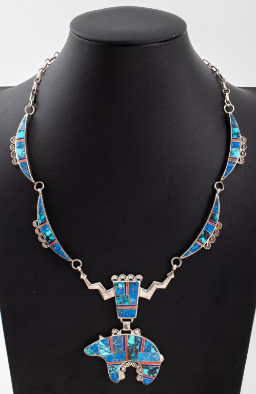 Navajo Silver Stone Inlay Bear Motif Necklace (1 of 10)