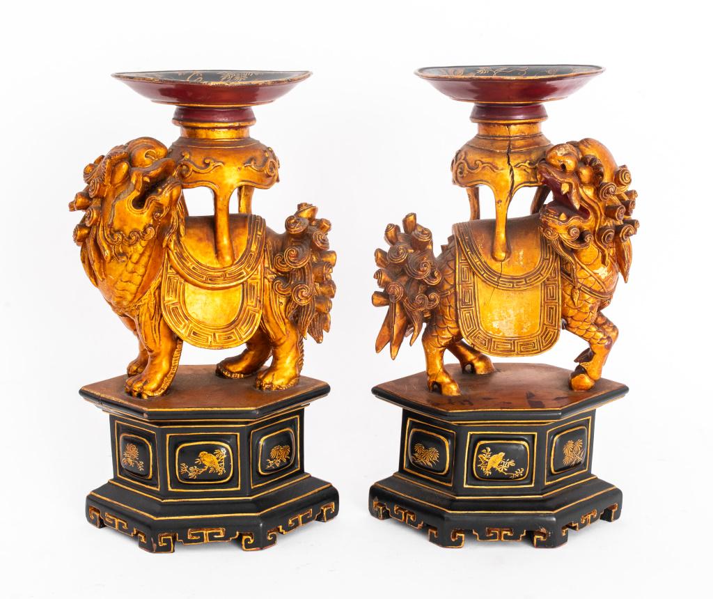 Chinese Carved Lacquered Wood Candle Stands, Pair (1 of 10)