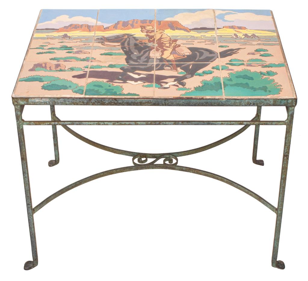 Taylor Tile Co. Attr. Rough Rider Ceramic Top Iron Table: Taylor Tile Company attributed glazed ceramic tile top verdigris patinated iron side table, the twelve tiles depicting a cowboy riding a horse in an American Western landscape, apparently unmarked. 20